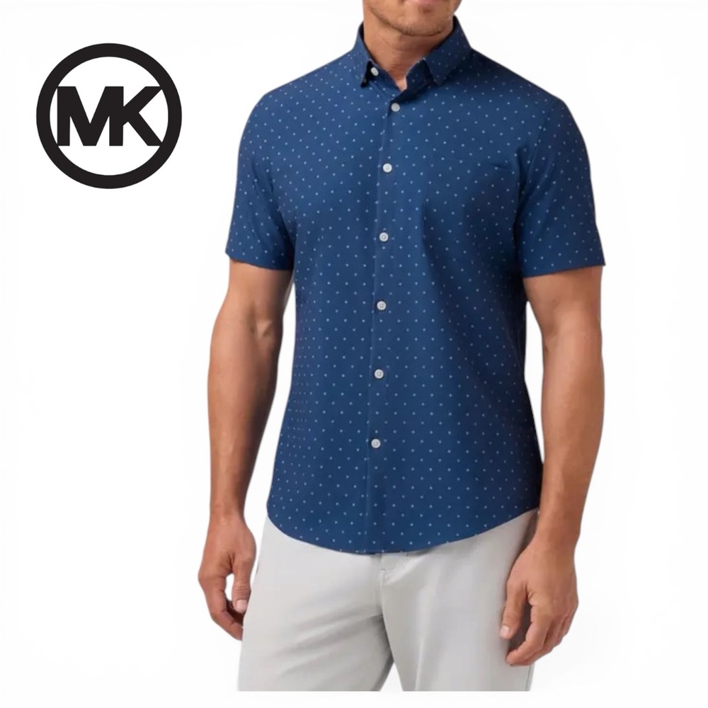Michael Kors Shirt Men Classic Fit Blue Short Sleeve Button Up Size S